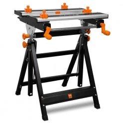 24 in. H Tilting Steel Adjustable Portable Work Bench Sawhorse and Vise with 8 Sliding Clamps by WEN
